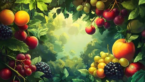 Vivid orchard border frames luminous forest clearing with ripe fruit