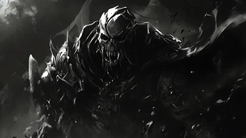 Armored skeletal warlord advances through swirling darkness