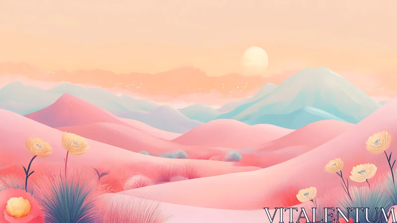 Pastel desert hills glow under soft sunrise sky