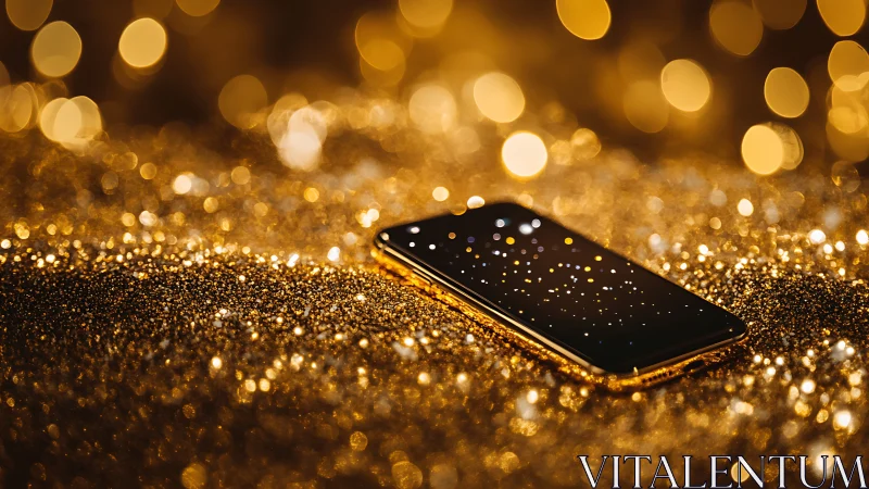 Smartphone on reflective golden glitter surface at night.