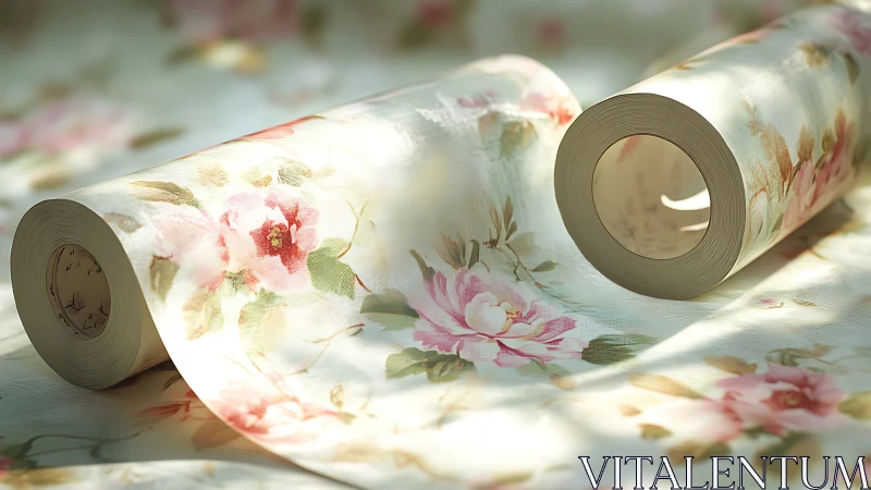 Soft floral wallpaper rolls glowing in gentle morning light.