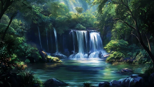 Hidden Waterfall in Emerald Forest with Mystical Light
