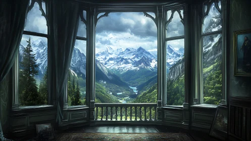 Mountain panorama framed by grand interior windows.