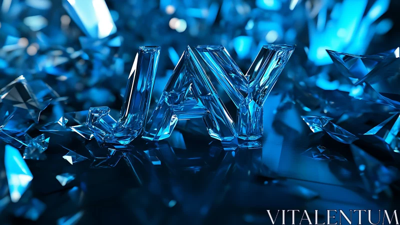 Crystal-blue 3D typography spelling JAY with prismatic depth