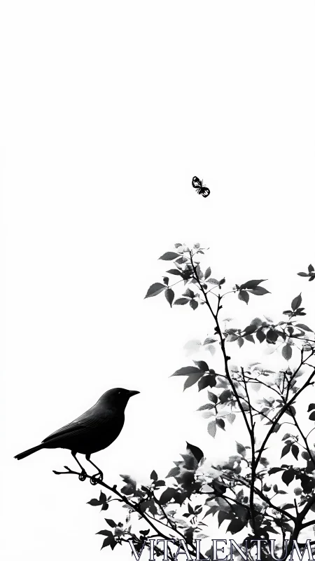 Minimalist bird silhouette with butterfly over sparse branches.