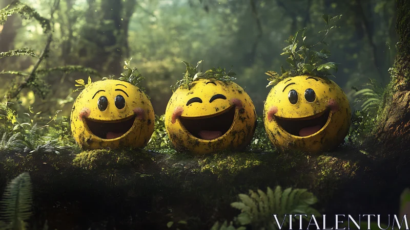 Mossy smiley spheres with leaf crowns sit on forest log