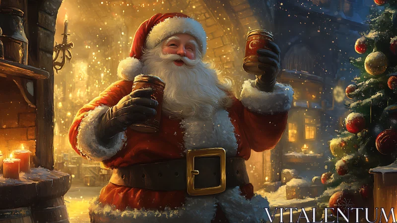 Santa raises festive mugs in a glowing winter courtyard.