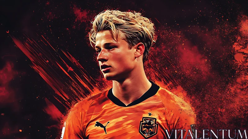 Digital portrait shows footballer in orange jersey against red