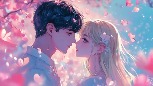 Blossom-kissed lovers pausing time beneath swirling petals.