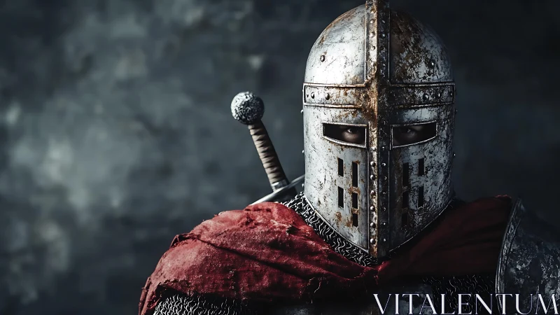 Weathered medieval knight in great helm and red surcoat