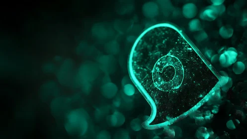 Glowing teal chat emblem with circular core in bokeh field