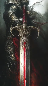 Bloodlit greatsword crowns a dread knight in ruinous armor.