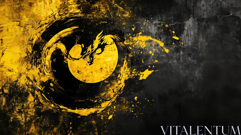 Golden dragon ink splash circles through dark grunge void