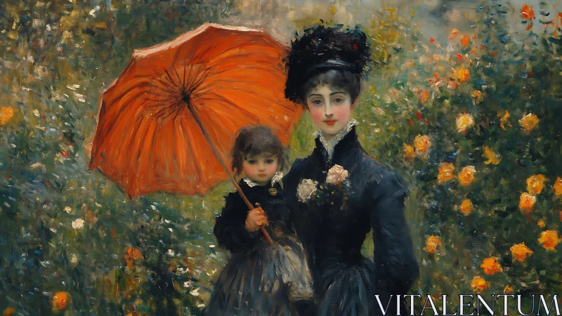 Elegant woman and child with orange parasol in flower garden.