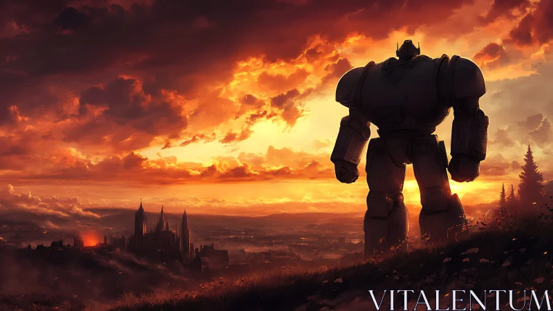 Colossal robot watches burning city beneath fierce sunset.