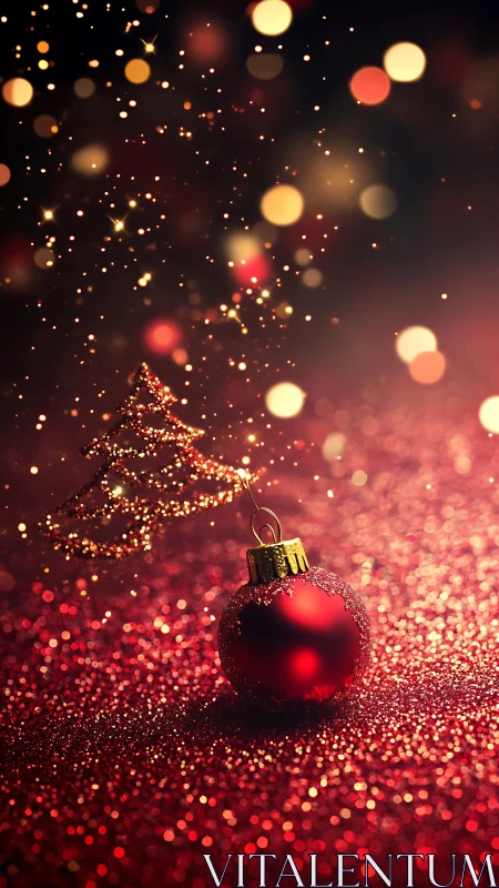Red Christmas ornament rests on sparkling glitter surface