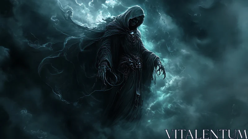 Storm-draped reaper drifts through electric midnight clouds