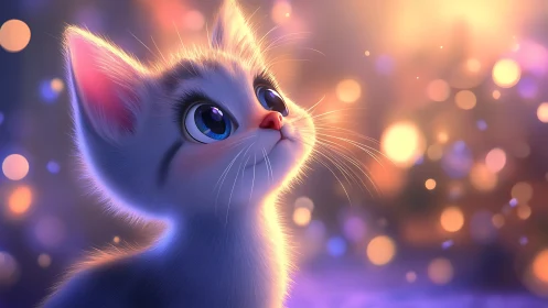 Luminous White Cat with Blue Eyes in Glowing Bokeh Setting