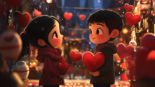 Two animated children exchange glowing hearts in festive cityscape.