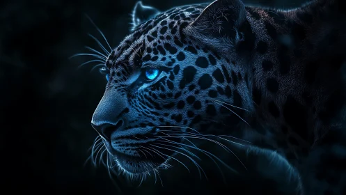 Leopard in profile with cyan luminescence against dark background.