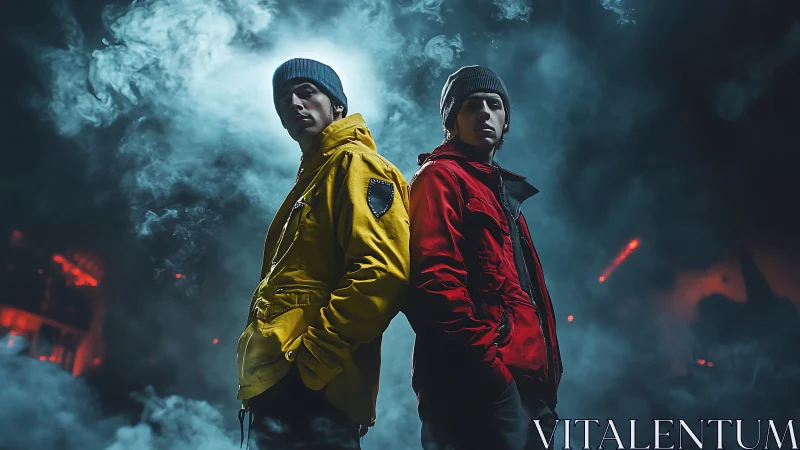 Dual-hooded urban silhouettes in volumetric fog lighting setup.