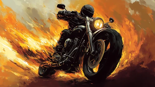 Motorcycle rider cuts through explosive swirling firestorm.