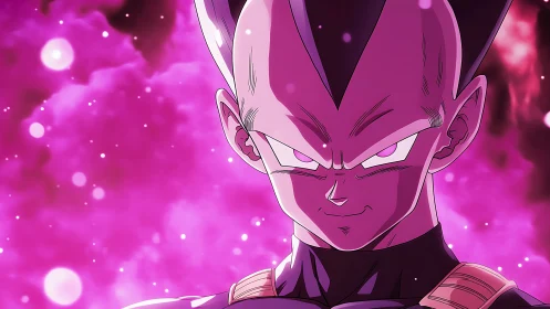 Purple-eyed anime warrior stands against glowing nebula field