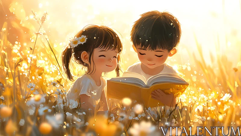 Golden hour children reading in wildflower meadow illustration