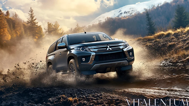 Off-road SUV powers through muddy mountain trail at dusk