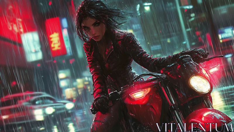 Woman on red motorcycle in rainy neon city street at night.
