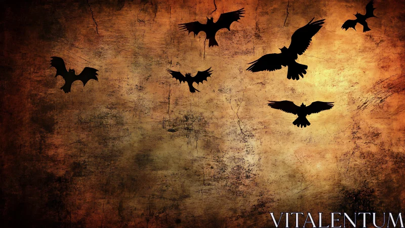 Dark bird silhouettes circle across a cracked, fiery sky.