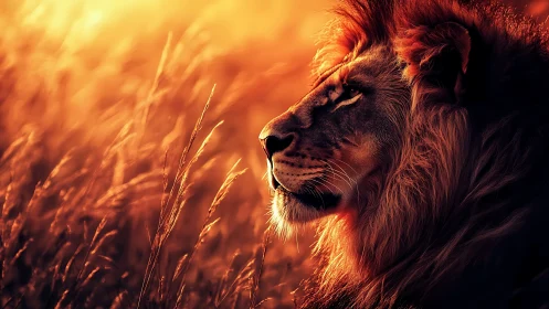 Majestic lion gazes across sunlit savanna at dusk.