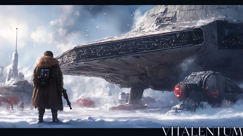 Solitary scout under colossal starship in icy outpost.
