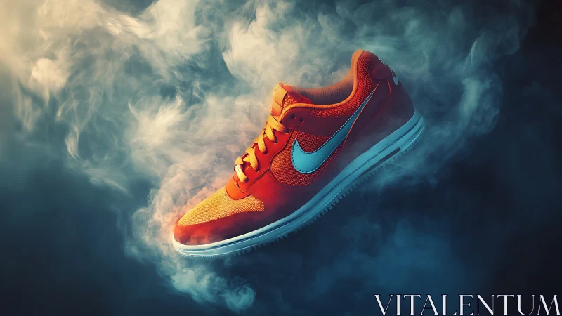 Red athletic sneaker isolated in dramatic studio smoke.