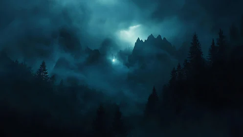 Moonlit mountain ridge emerging through dense valley fog.