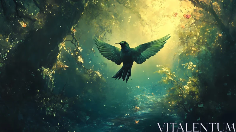 Hummingbird in glowing forest clearing over calm stream.