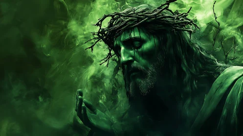 Sorrowful crowned figure in emerald smoke-lit gloom.