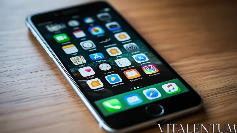 iPhone Home Screen with App Icons on Wooden Surface.
