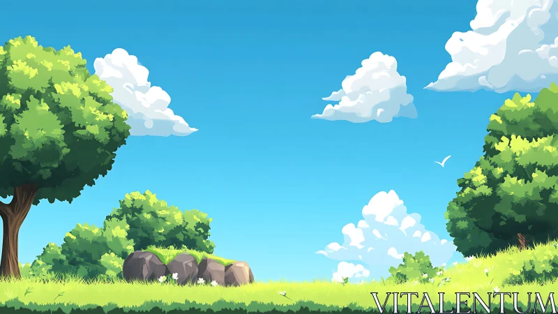 Sunlit cartoon meadow under vivid blue summer sky.