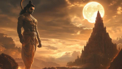 Mythic warrior stands before temple under full moon.