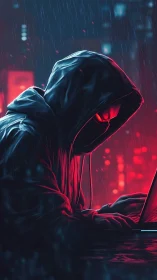 Hooded figure in rain-lit city working at laptop at night.