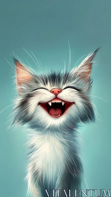 Laughing Cat with Vampire Fangs Against Turquoise.