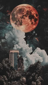 Blood moon crowns forgotten temple in stormy cosmic dusk