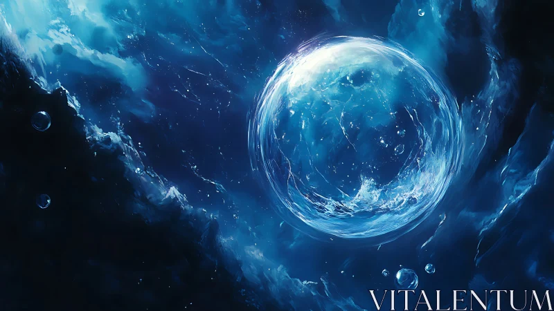 Spherical aqueous vortex suspended in turbulent deep blue fluid field