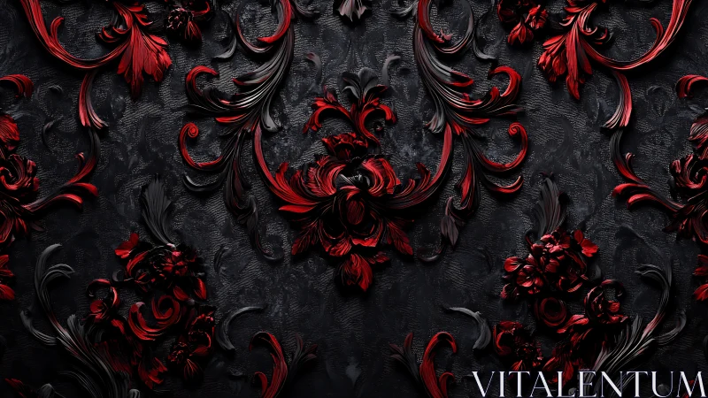 Baroque crimson flourishes etched in shadowed noir relief.