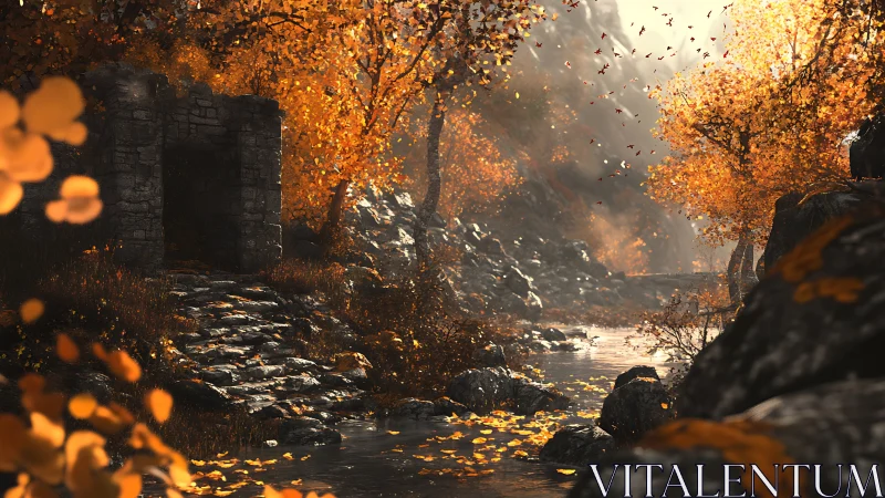 Autumnal Ravine Architecture: Particle-Laden Atmospheric Depth Rendered.