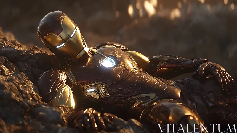 Battle-worn metal hero resting in molten twilight rubble.