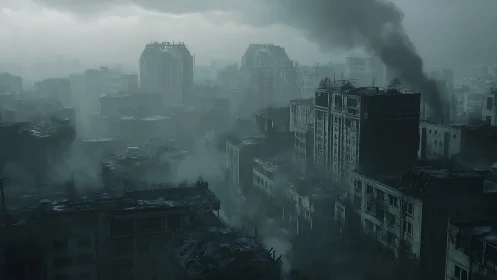 Ruined cityscape shows dense fog, damaged towers, rising smoke