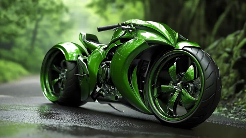 Sleek green future motorcycle waiting on a misty forest road.