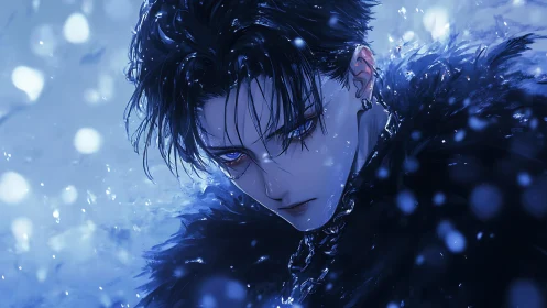 Brooding blue-eyed antihero stands in a storm of cold light